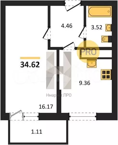 1-к. квартира, 34,6 м, 5/8 эт. - Фото 1