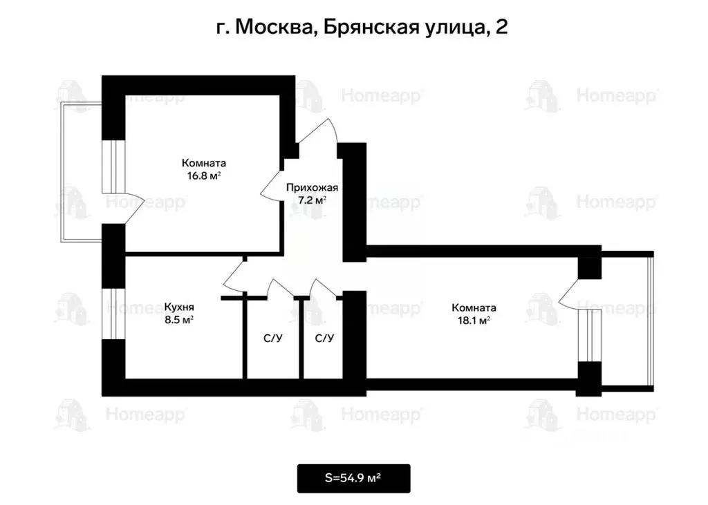 2-к кв. Москва Брянская ул., 2 (54.9 м) - Фото 2