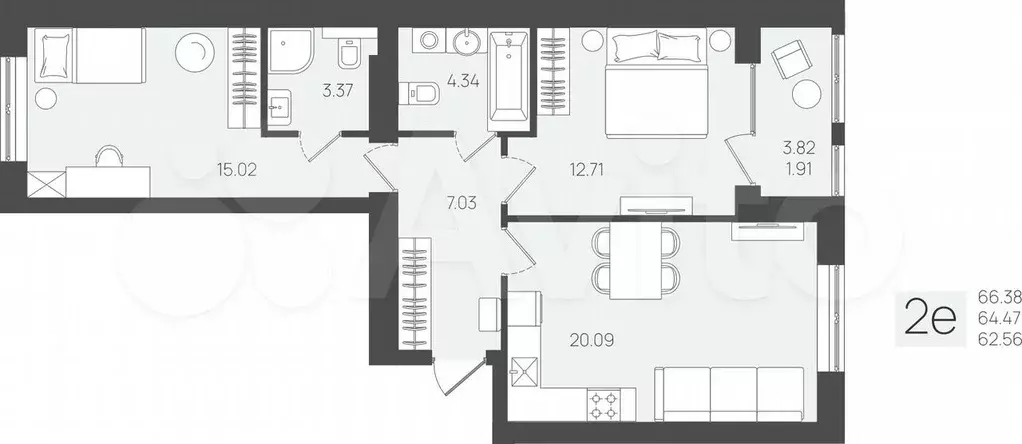 2-к. квартира, 64,5 м, 1/5 эт. - Фото 1