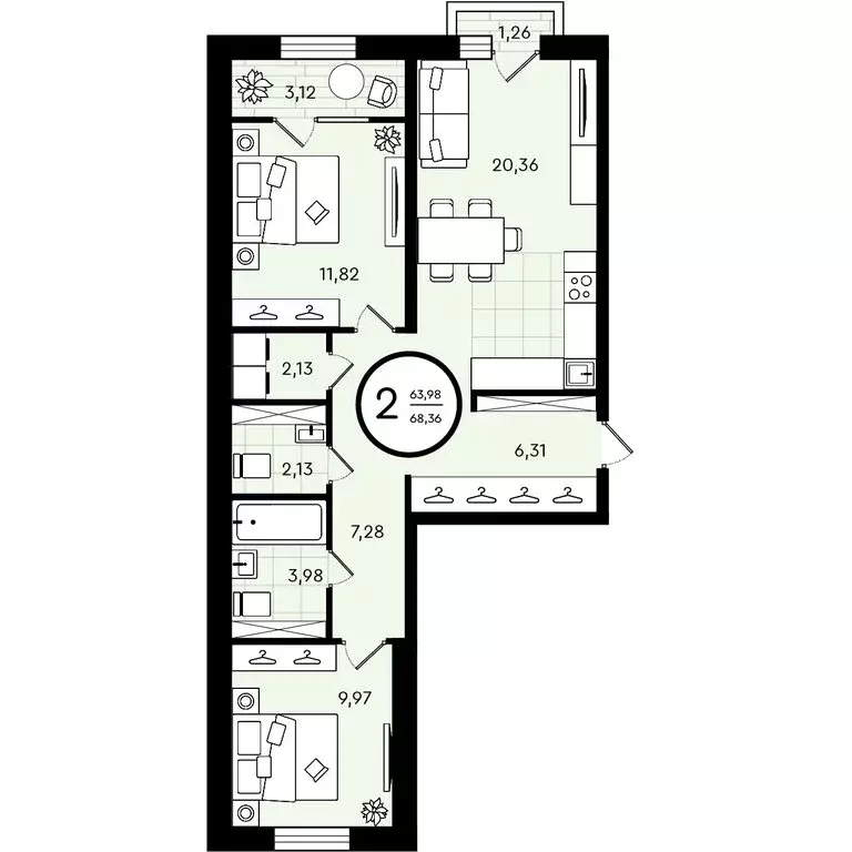 2-комнатная квартира: Тюмень, улица Александра Звягина, 7 (68.36 м) - Фото 0