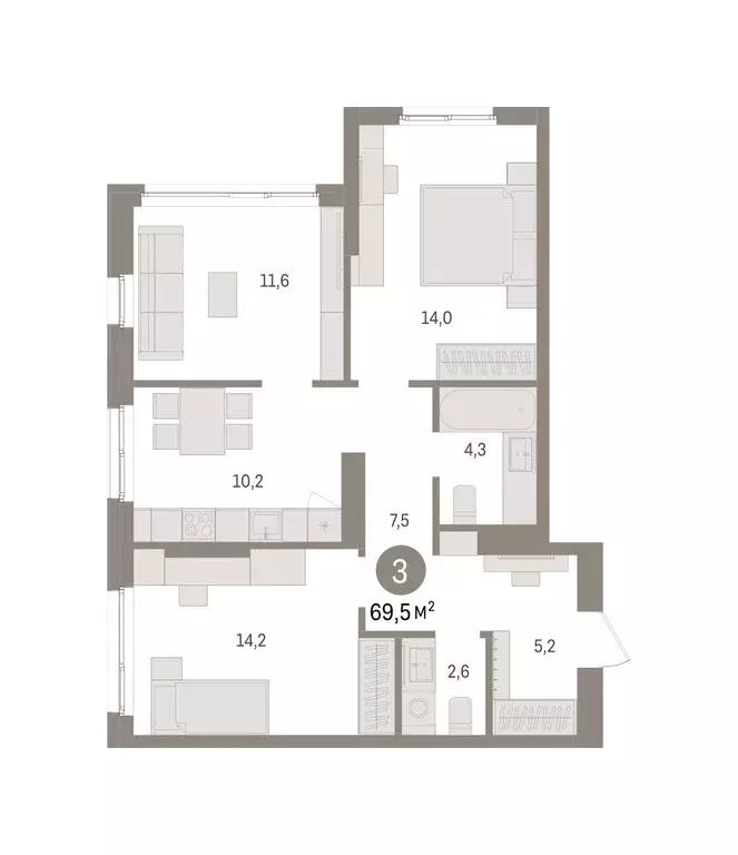 3-комнатная квартира: Пермь, микрорайон Крохалева (69.48 м) - Фото 2