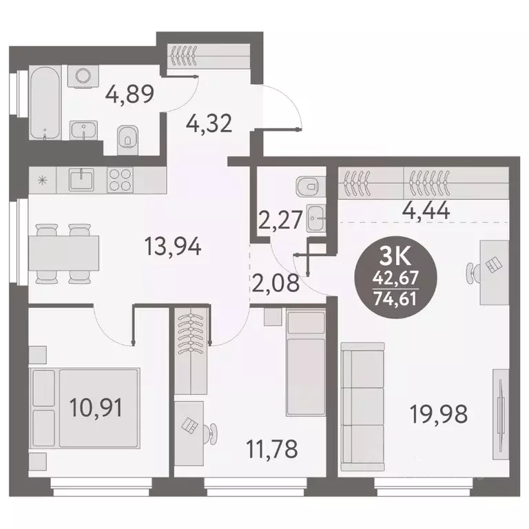 3-к кв. Новосибирская область, Новосибирск ул. Титова, 253/9 (74.61 м) - Фото 0