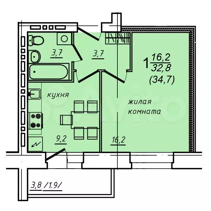 1-к. квартира, 34,7 м, 9/10 эт. - Фото 1