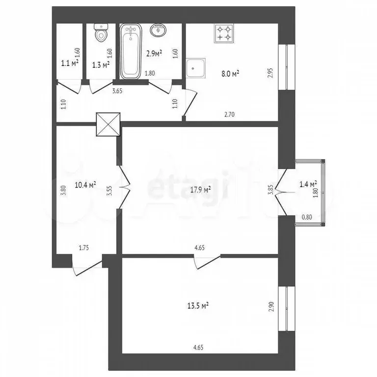 2-к. квартира, 55,1 м, 4/4 эт. - Фото 1
