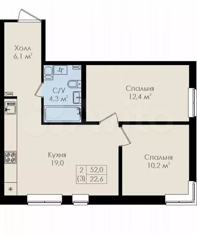 2-к. квартира, 52 м, 5/9 эт. - Фото 0