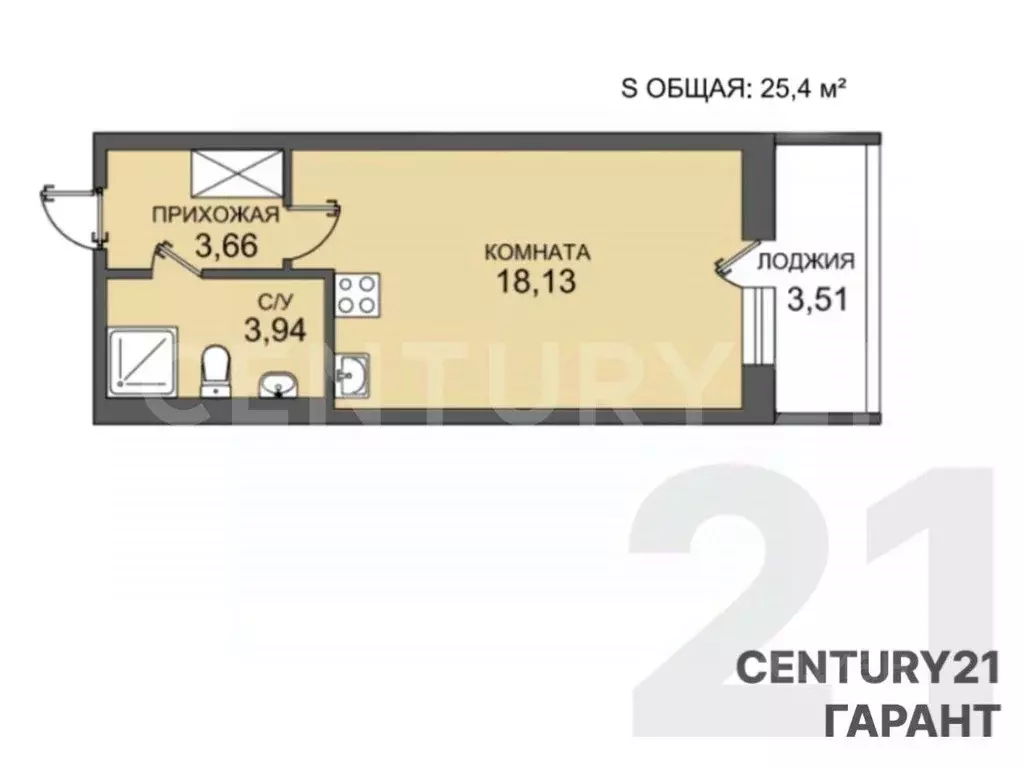 Студия Санкт-Петербург аллея Арцеуловская, 21 (25.4 м) - Фото 2