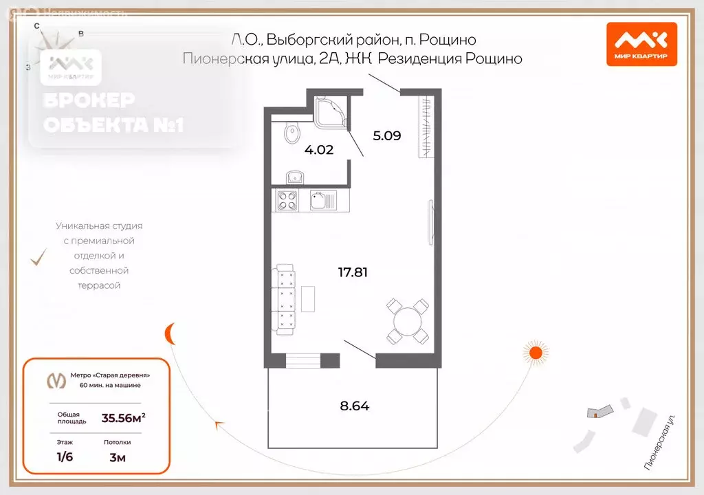 Квартира-студия: городской посёлок Рощино, ЖК Резиденция Рощино (35.56 ... - Фото 1