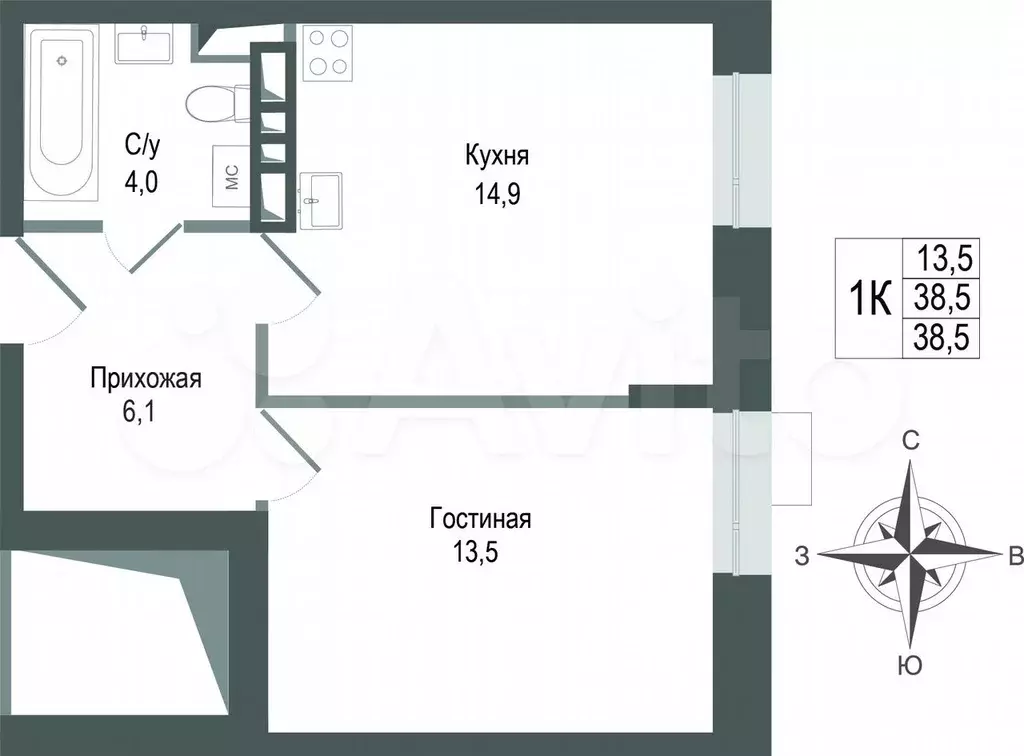 1-к. квартира, 38,5 м, 2/8 эт. - Фото 0