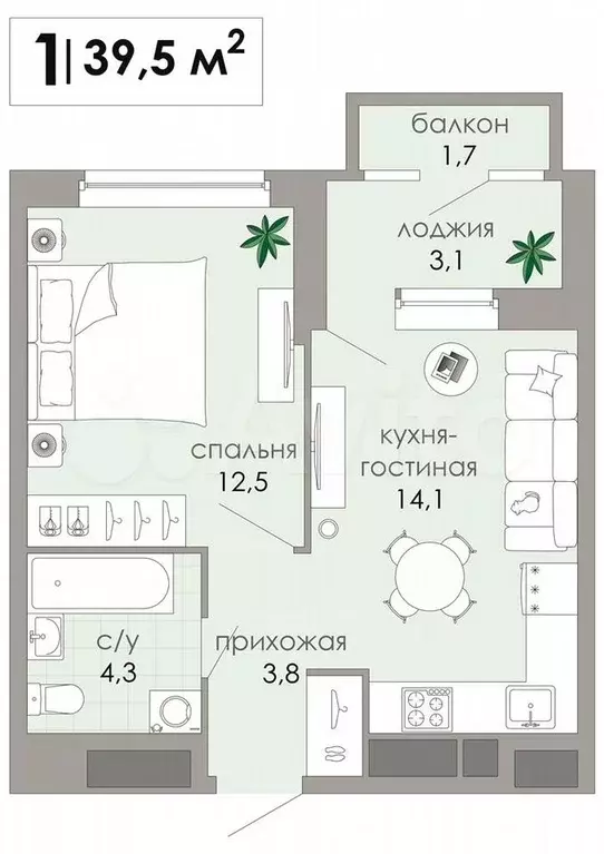 2-к. квартира, 39,5 м, 2/12 эт. - Фото 1