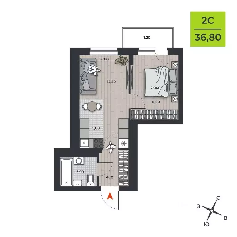 2-к кв. Новосибирская область, Новосибирск ДНК жилой комплекс (38.0 м) - Фото 2