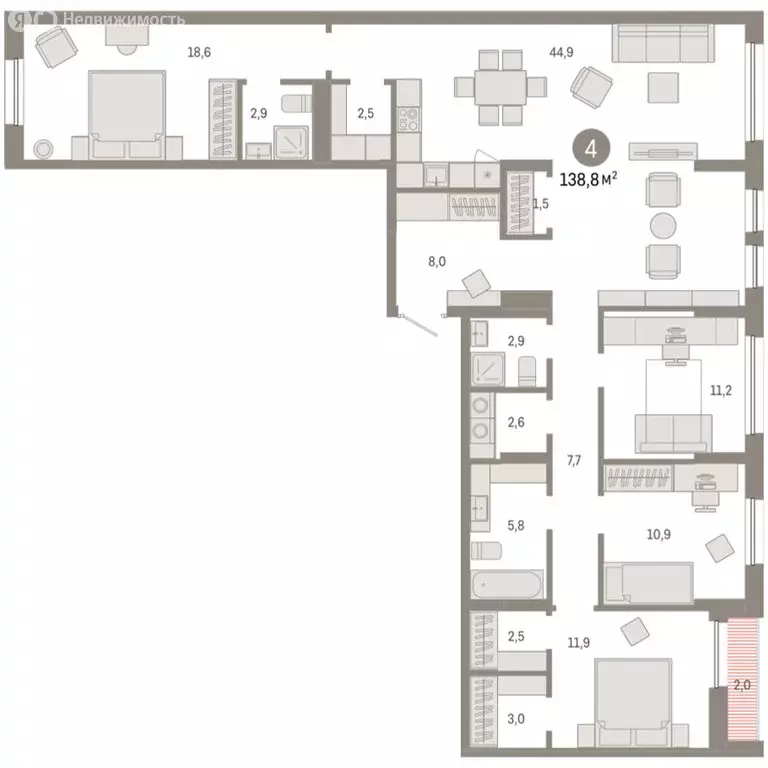 4-комнатная квартира: Тюмень, улица Республики, 205к1 (138.81 м) - Фото 2