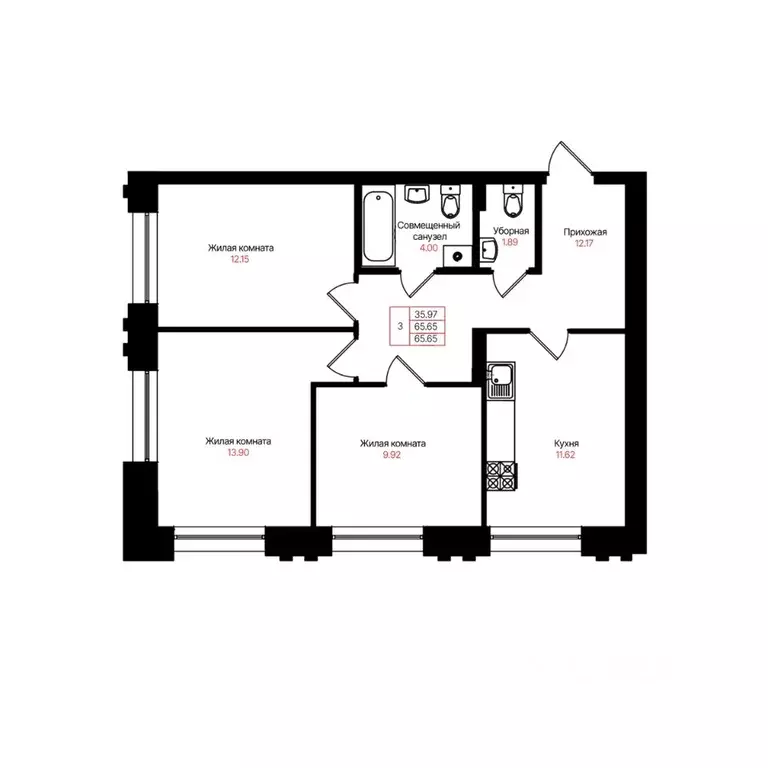 3-к кв. Татарстан, Казань Лето жилой комплекс (65.65 м) - Фото 2