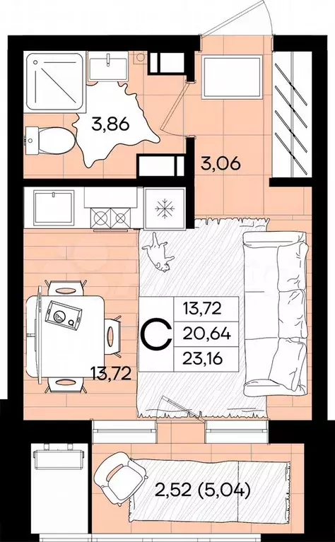 Квартира-студия, 23,2 м, 3/18 эт. - Фото 1