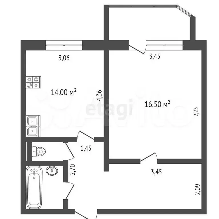 1-к. квартира, 45,1 м, 8/10 эт. - Фото 1