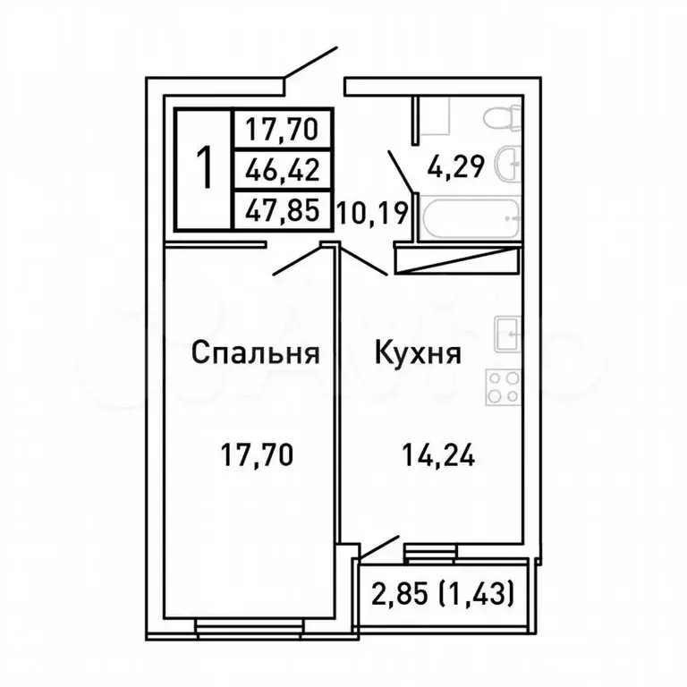 1-к. квартира, 47,9м, 14/25эт. - Фото 0