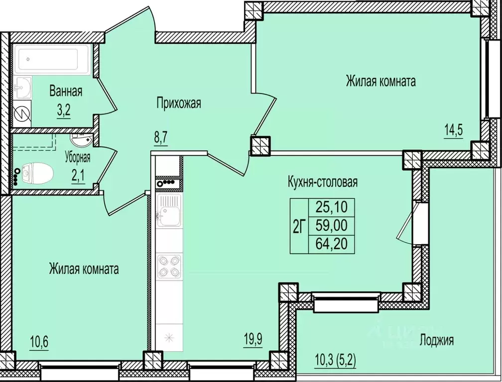 2-к кв. Псковская область, Псков Крестовский жилой комплекс (64.2 м) - Фото 1