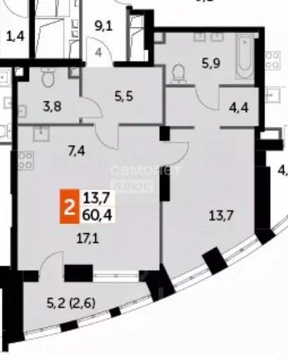 2-к кв. Москва Сидней Сити жилой комплекс, к2/2 (60.4 м) - Фото 2