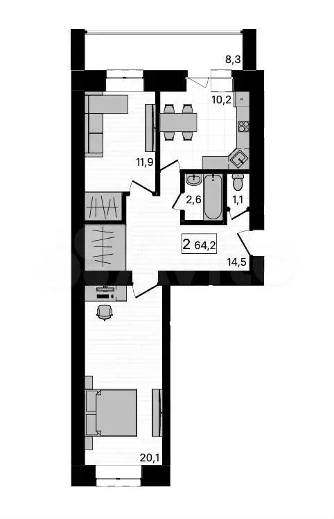 2-к. квартира, 62,4 м, 6/10 эт. - Фото 0