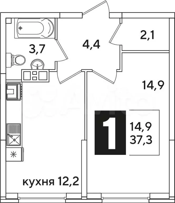 1-к. квартира, 37,3 м, 5/16 эт. - Фото 1