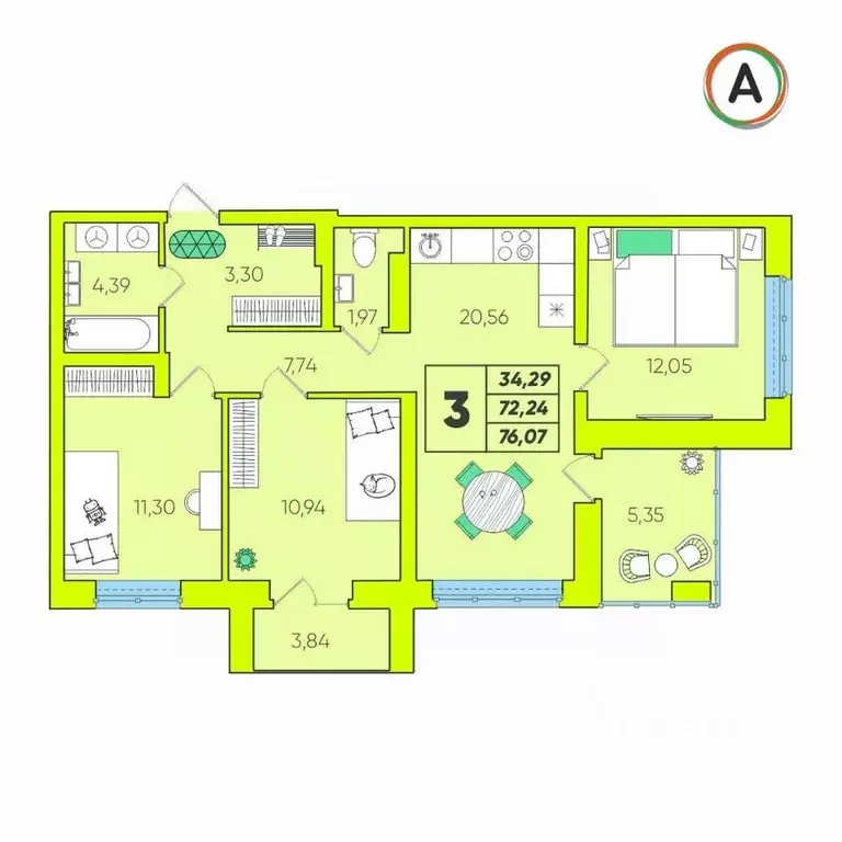3-к кв. Калужская область, Калуга Зеленый жилой комплекс (76.07 м) - Фото 1