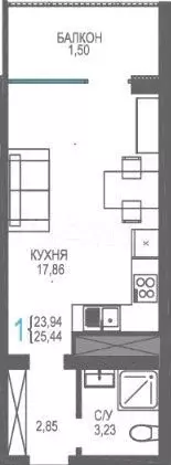 1-к. квартира, 25,4 м, 12/14 эт. - Фото 0