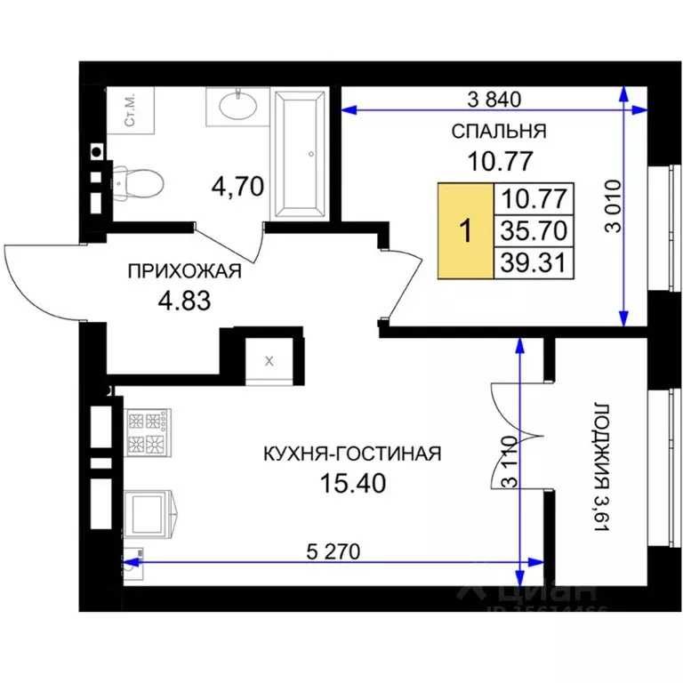1-к кв. Калининградская область, Гурьевск Включи жилой комплекс (39.31 ... - Фото 0