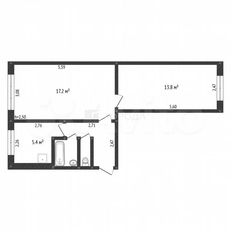2-к. квартира, 44 м, 1/5 эт. - Фото 1