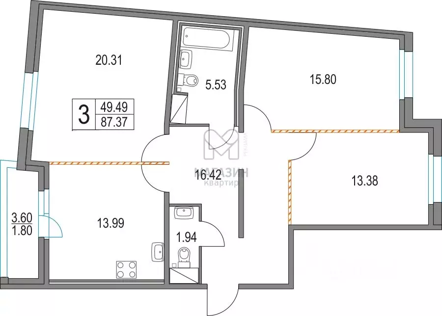 3-к кв. Санкт-Петербург Коломяжский просп., 13к3 (87.4 м) - Фото 2
