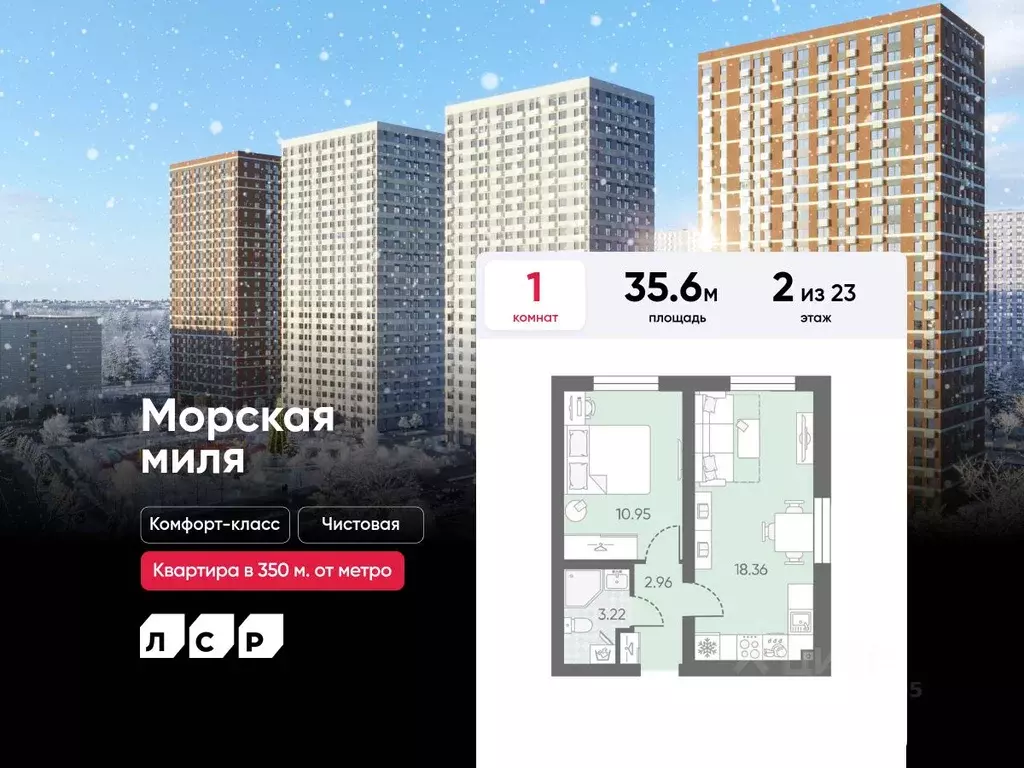 1-к кв. Санкт-Петербург Морская миля жилой комплекс (35.6 м) - Фото 0