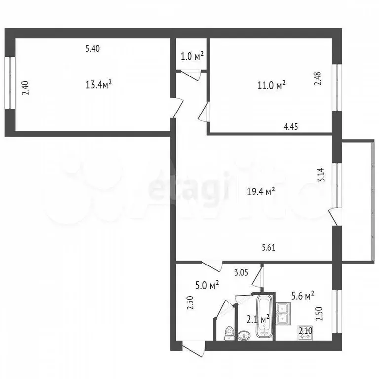 3-к. квартира, 58,5 м, 5/5 эт. - Фото 0