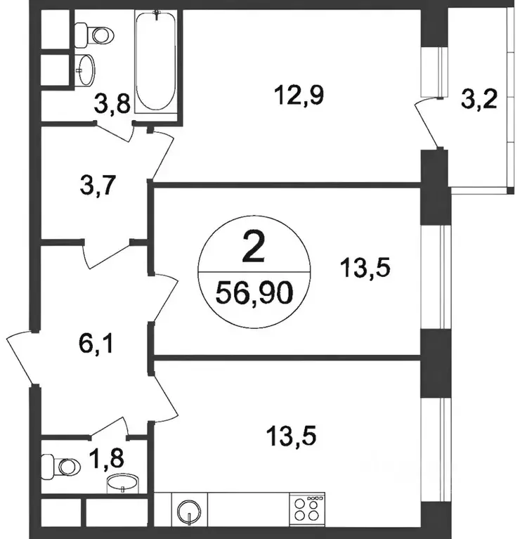 2-к кв. Москва, Москва, Московский г. ул. Москвитина, 9к2 (58.0 м) - Фото 1