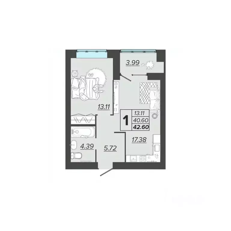 1-к кв. Брянская область, Брянск Архитектор жилой комплекс (42.6 м) - Фото 1