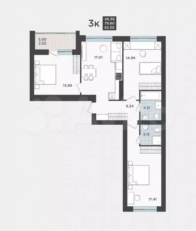3-к. квартира, 79,8 м, 1/9 эт. - Фото 1