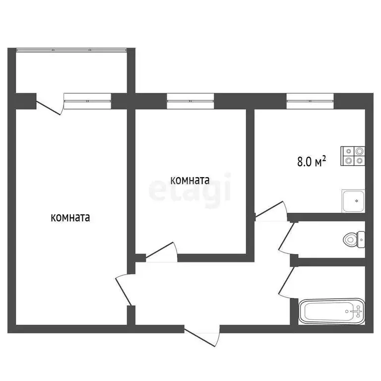 Квартира, 2 комнаты, 43.9 м - Фото 1