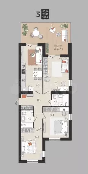 3-к. квартира, 90,8 м, 1/4 эт. - Фото 1