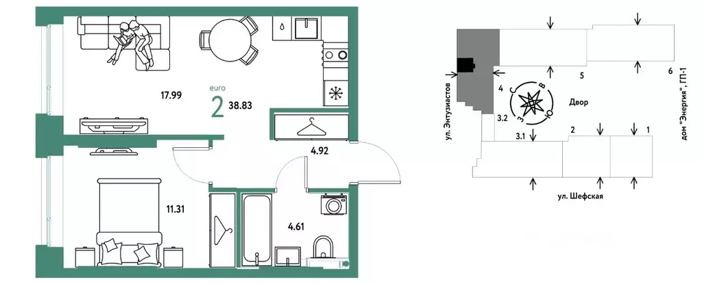 2-к кв. Свердловская область, Екатеринбург ул. Шефская, 28А (38.83 м) - Фото 1