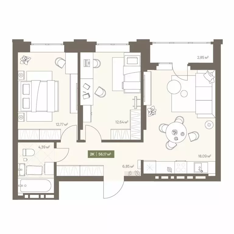 2-комнатная квартира: Кемерово, Московский проспект, 23А (56.17 м) - Фото 1