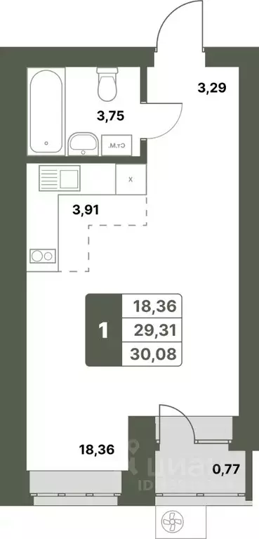 1-к кв. Башкортостан, Уфимский район, с. Миловка  (30.08 м) - Фото 1