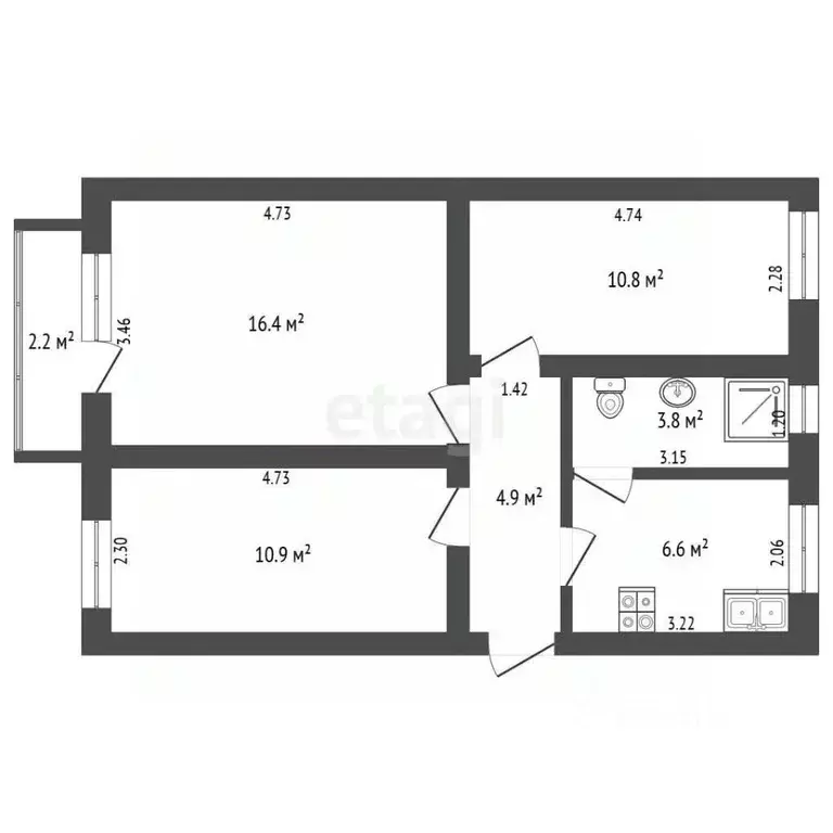 3-к кв. Башкортостан, Бирск ул. Мира, 54 (53.4 м) - Фото 2