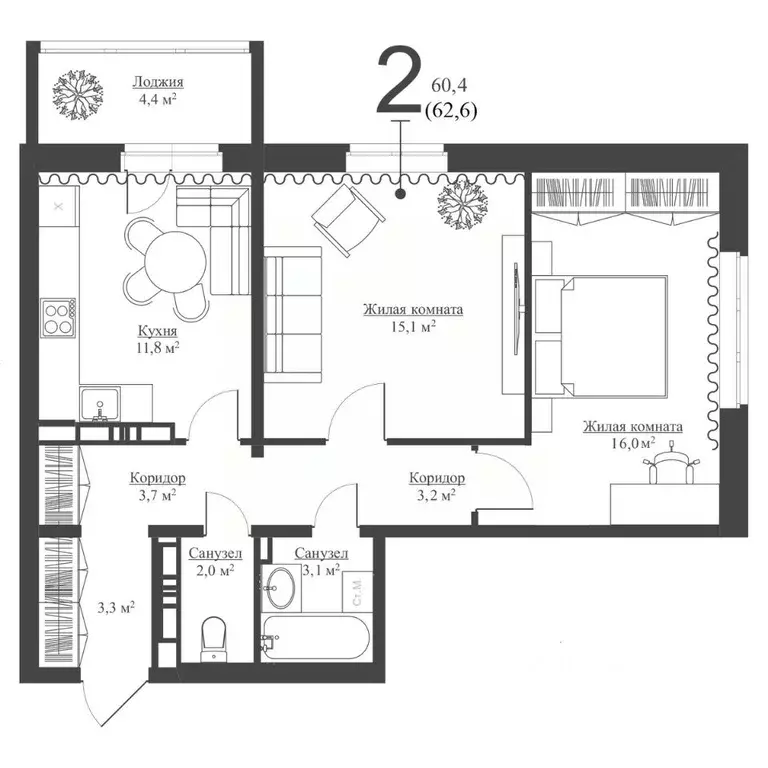 2-к кв. Татарстан, Зеленодольск Мирный мкр,  (60.4 м) - Фото 1