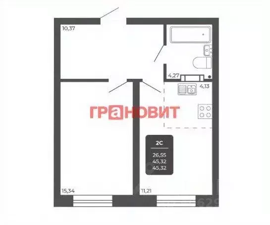 Квартира, 2 комнаты, 45.32 м - Фото 0