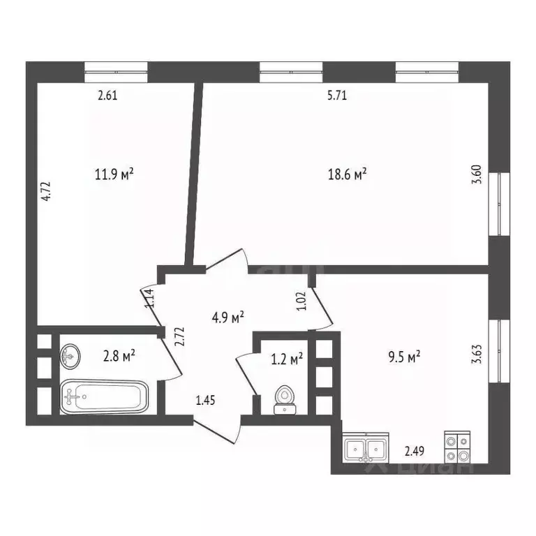 2-к кв. Ямало-Ненецкий АО, Новый Уренгой Славянский мкр,  (48.9 м) - Фото 1