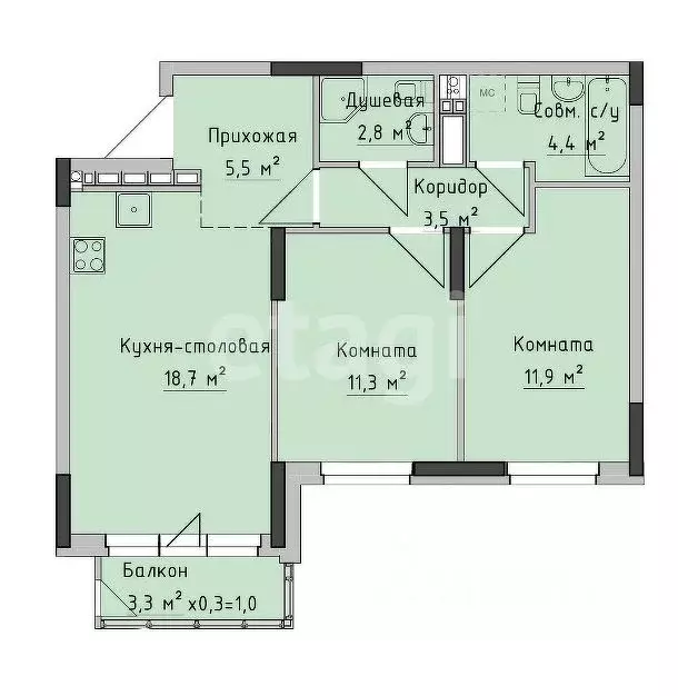 3-к кв. Удмуртия, Ижевск ул. Холмогорова, 89 (56.9 м) - Фото 2