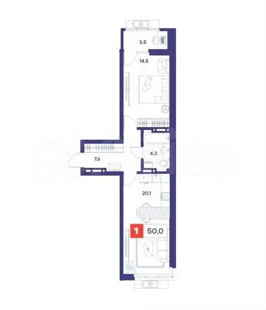 1-к. квартира, 50 м, 10/18 эт. - Фото 1