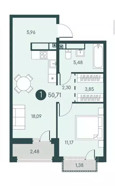 1-к кв. Курганская область, Курган 18-й мкр, 7 (50.71 м) - Фото 2