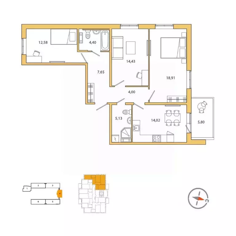 Квартира, 3 комнаты, 84 м - Фото 0