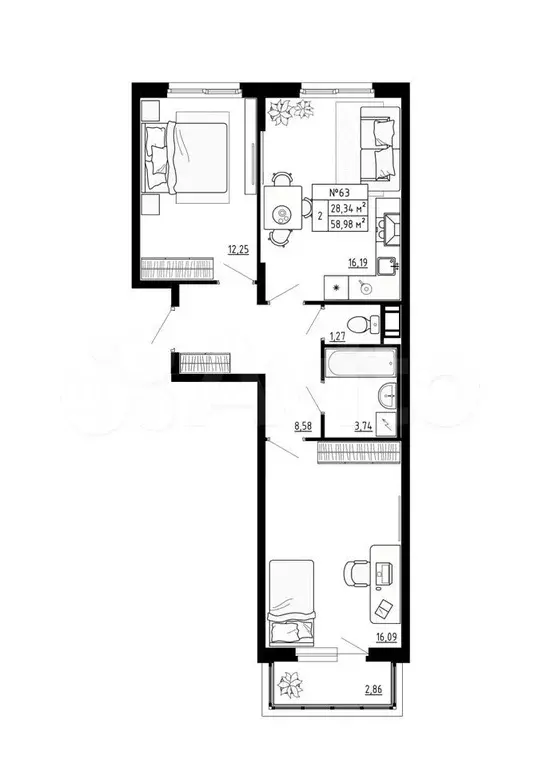 2-к. квартира, 59м, 4/4эт. - Фото 1