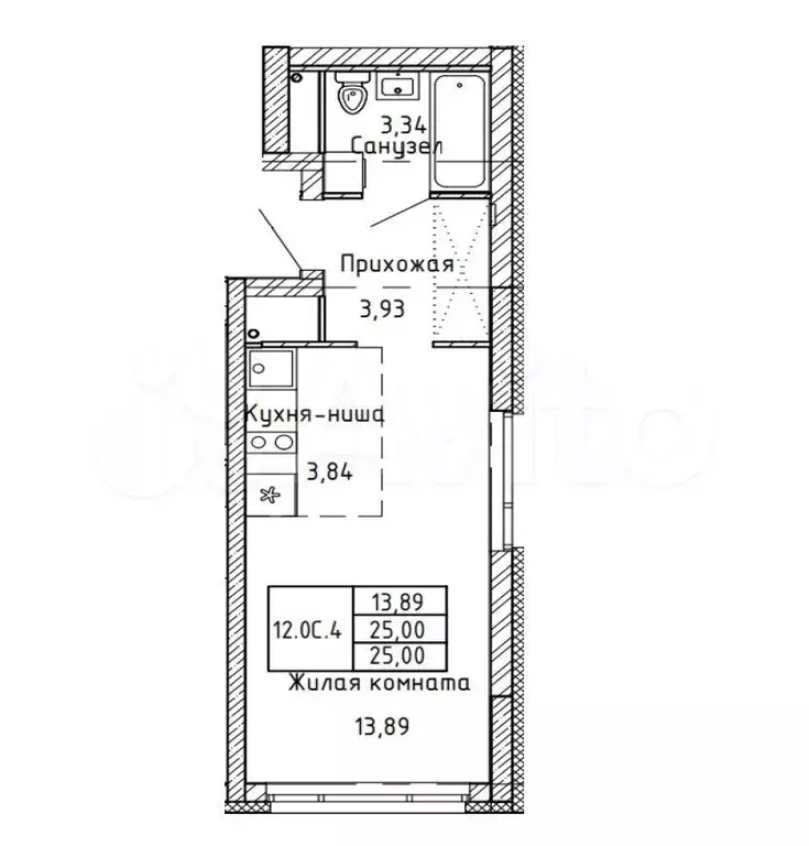 Квартира-студия, 25 м, 12/25 эт. - Фото 0