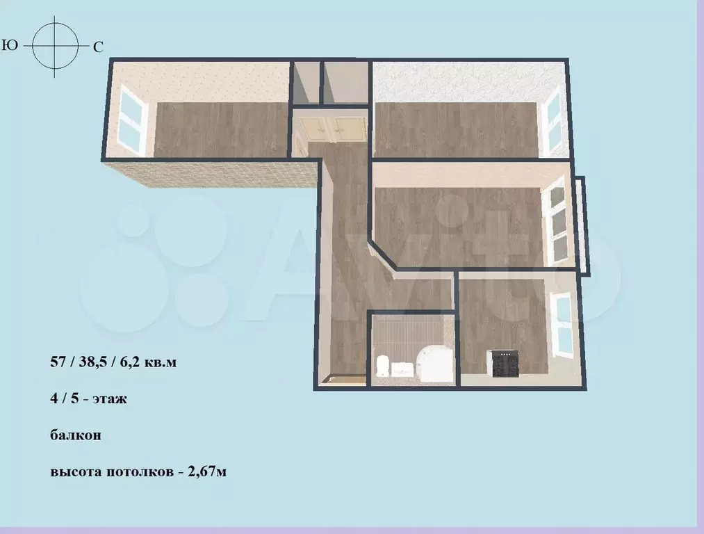 3-к. квартира, 57 м, 4/5 эт. - Фото 0