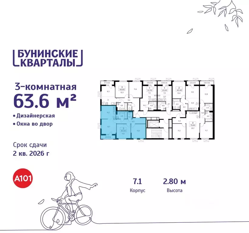 3-к кв. Москва Бунинские Кварталы жилой комплекс, 7.1 (63.6 м) - Фото 1